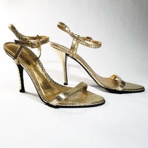 Cathy Jean Brazil gold textured strap heels